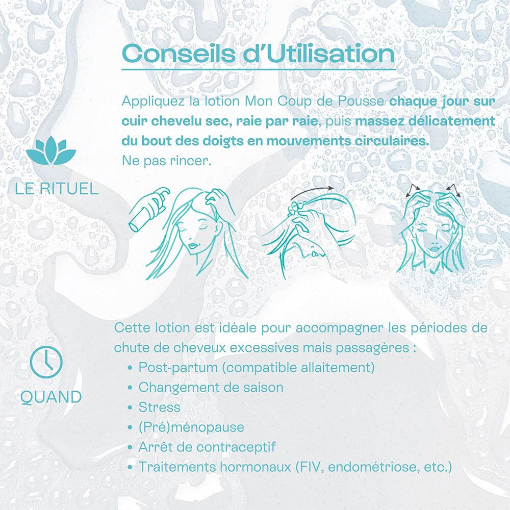 Produit avec infographie. Texte: Conseils d'utilisation. Idéal pour post-partum, stress, changement de saison.