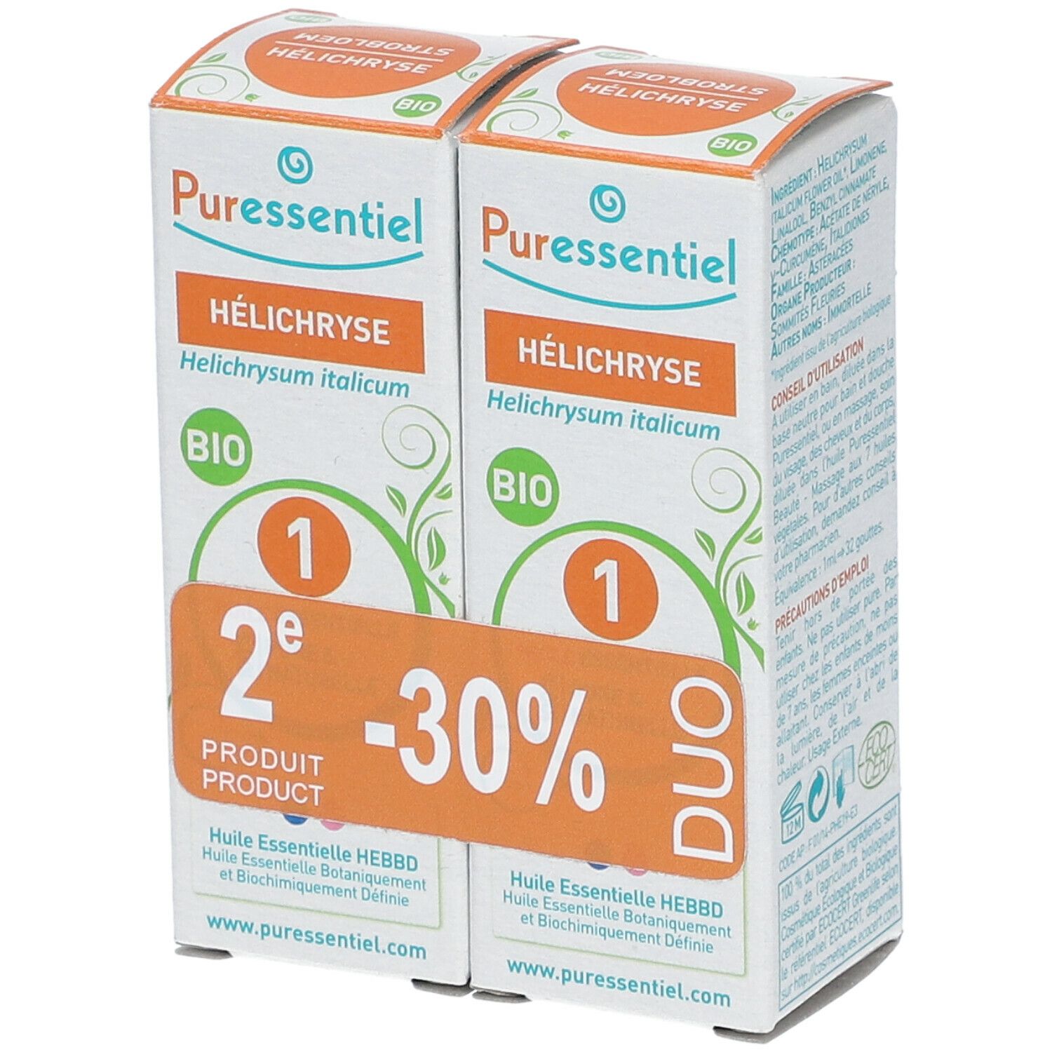 Deux boîtes Puressentiel® Helichryse Bio. Duo avec -30% de réduction. Certification Bio. Vue de face.
