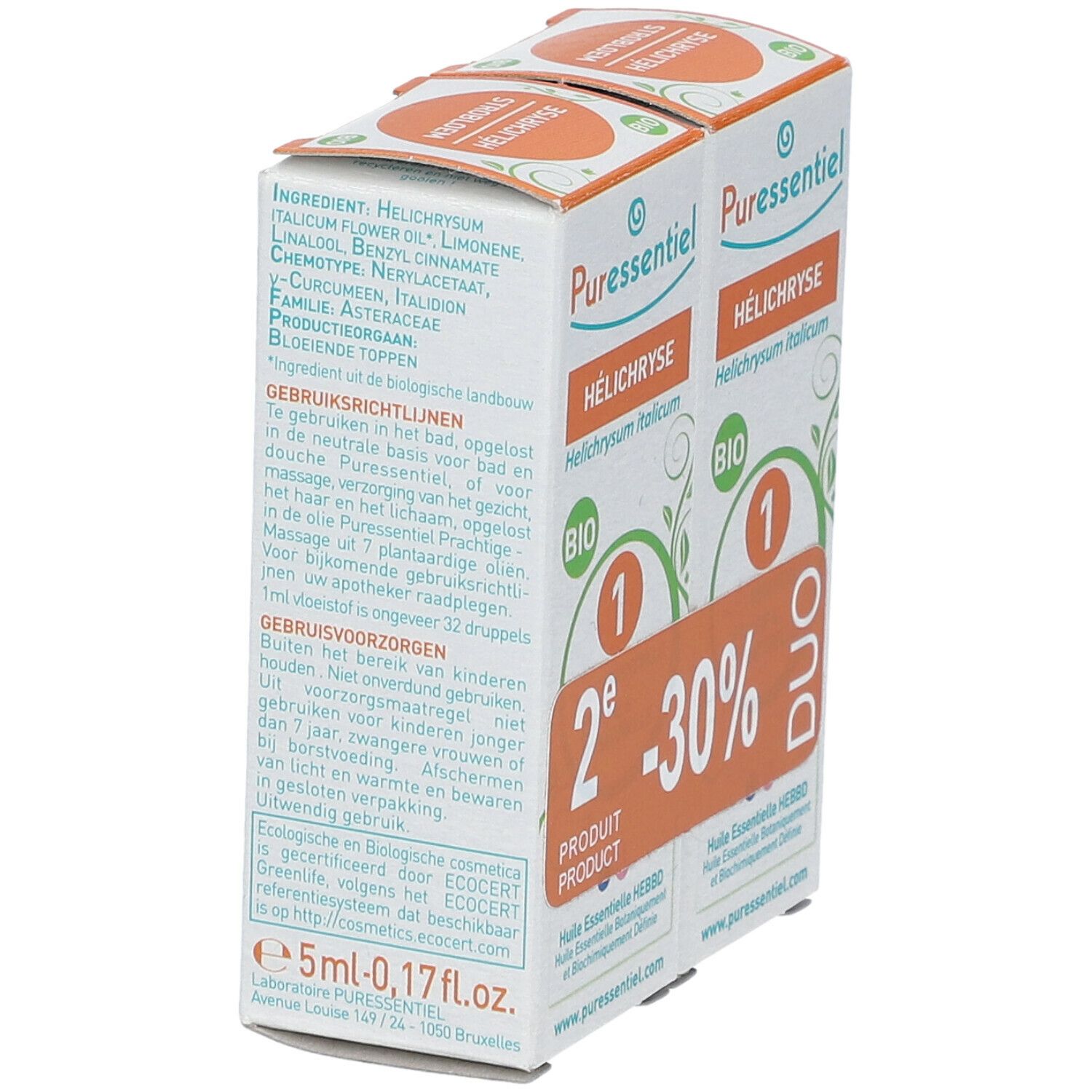 Emballage Puressentiel® Helichryse Bio. Duo avec -30% de réduction. Certification Bio. Vue latérale avec ingrédients.