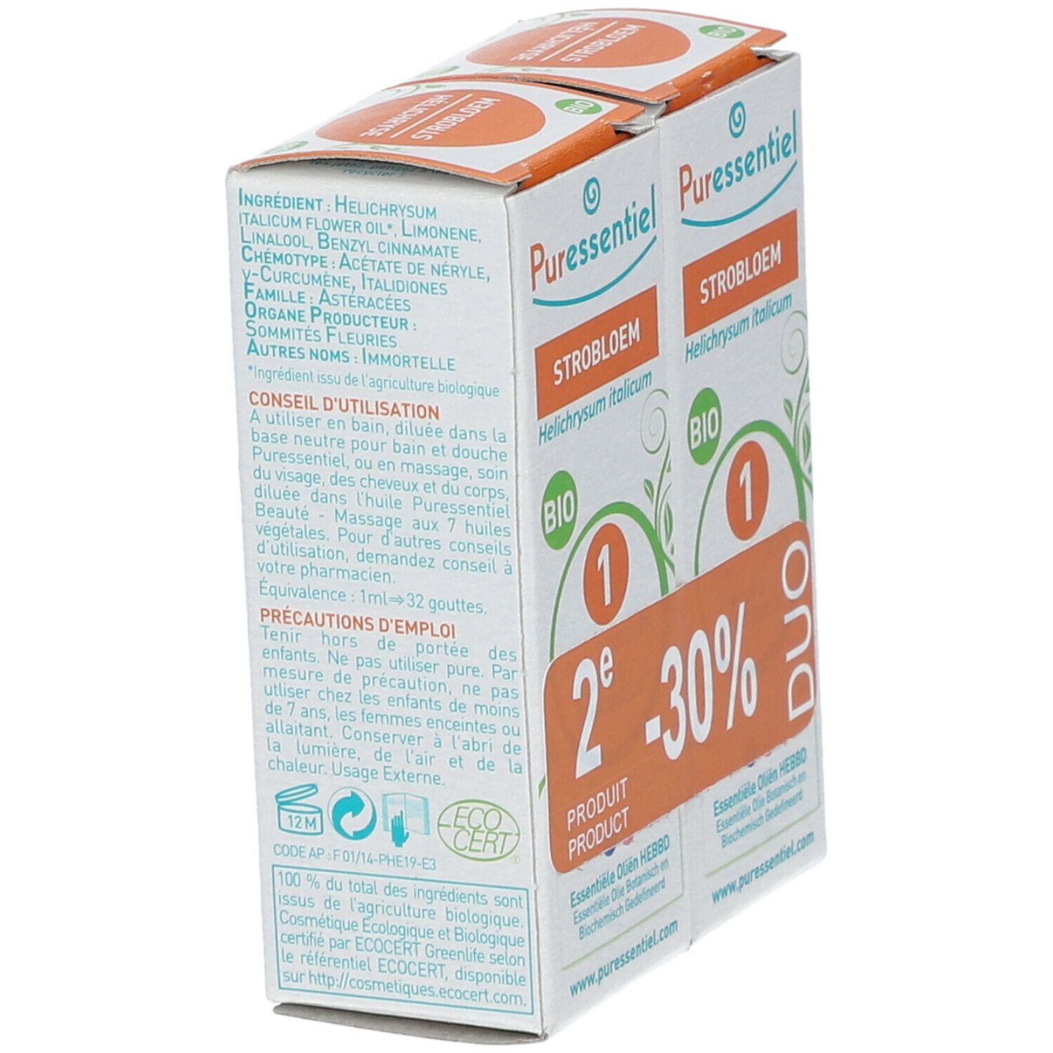 Emballage Puressentiel® Helichryse Bio. Duo avec -30% de réduction. Certification Bio. Vue latérale avec ingrédients.