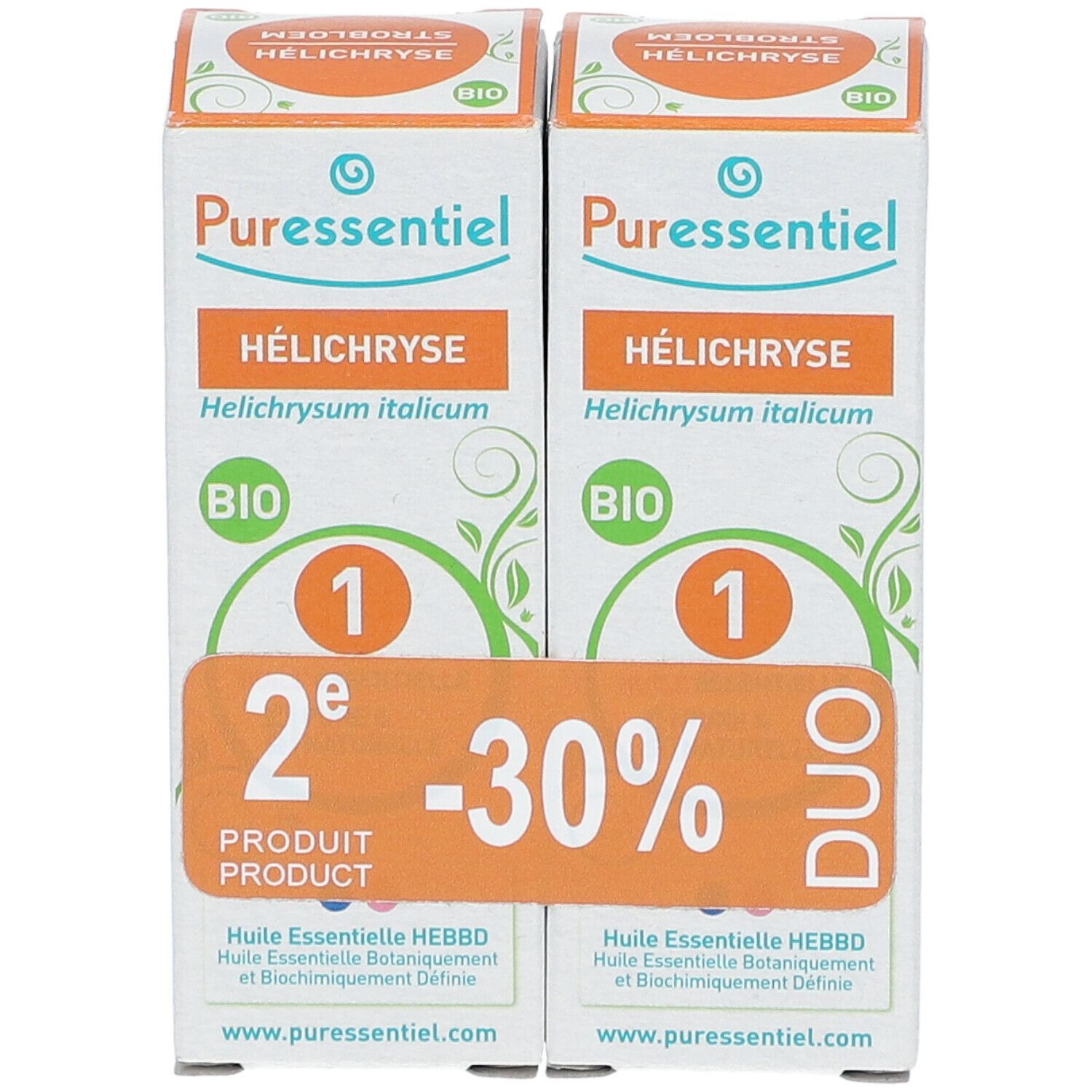 Deux boîtes Puressentiel® Helichryse Bio. Duo avec -30% de réduction. Certification Bio. Vue de face.