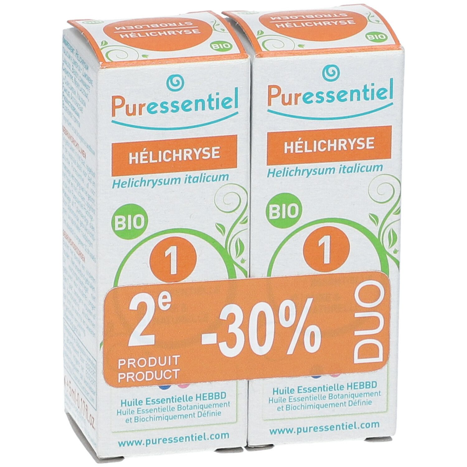 Deux boîtes Puressentiel® Helichryse Bio. Duo avec -30% de réduction. Certification Bio. Vue de face.
