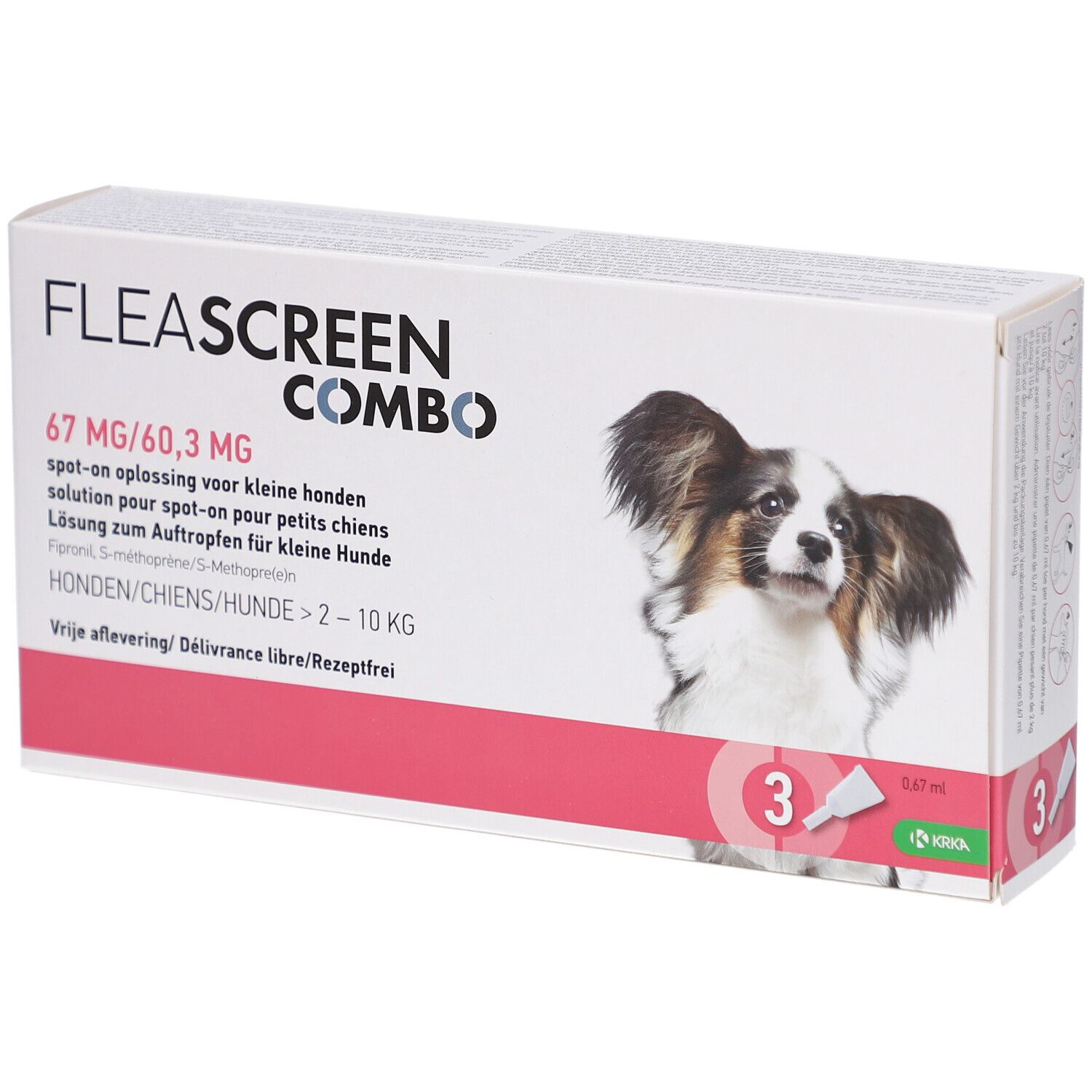 Verpakking met productnaam en hond. Bevat 3 doses. Roze en witte verpakking.
