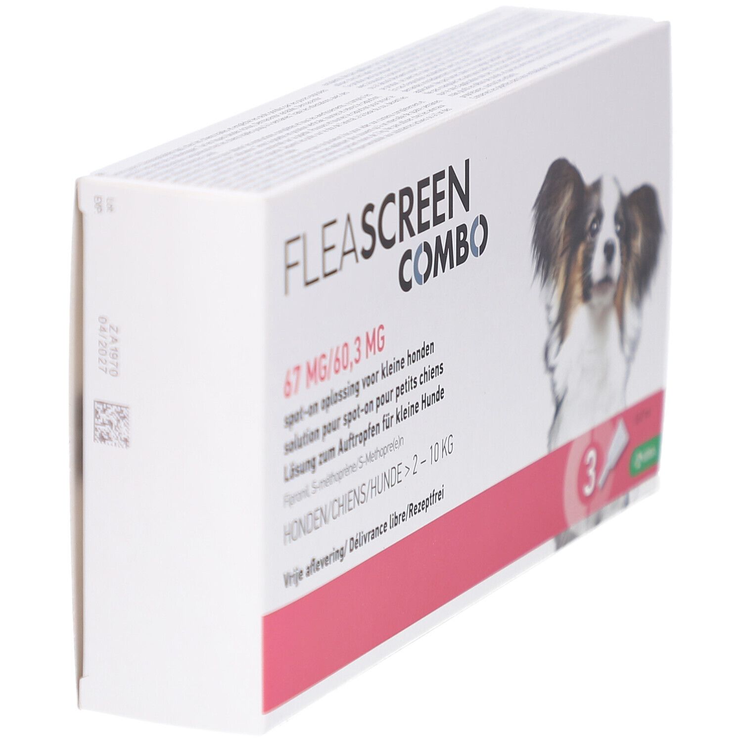 Witte verpakking met productnaam en hond. Roze streep. Bevat 3 doses.