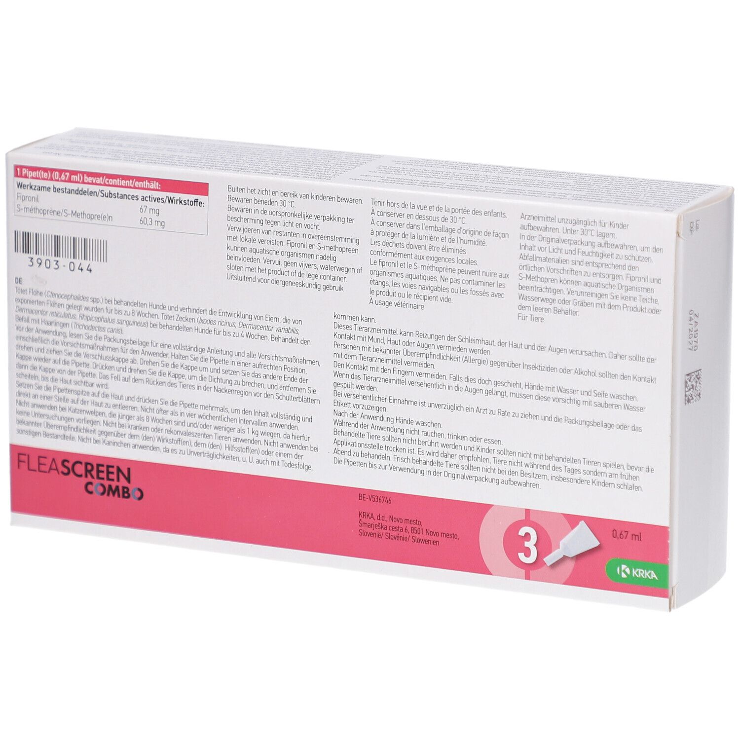 Achterkant van de verpakking met tekst. Bevat 3 doses en een pipet.