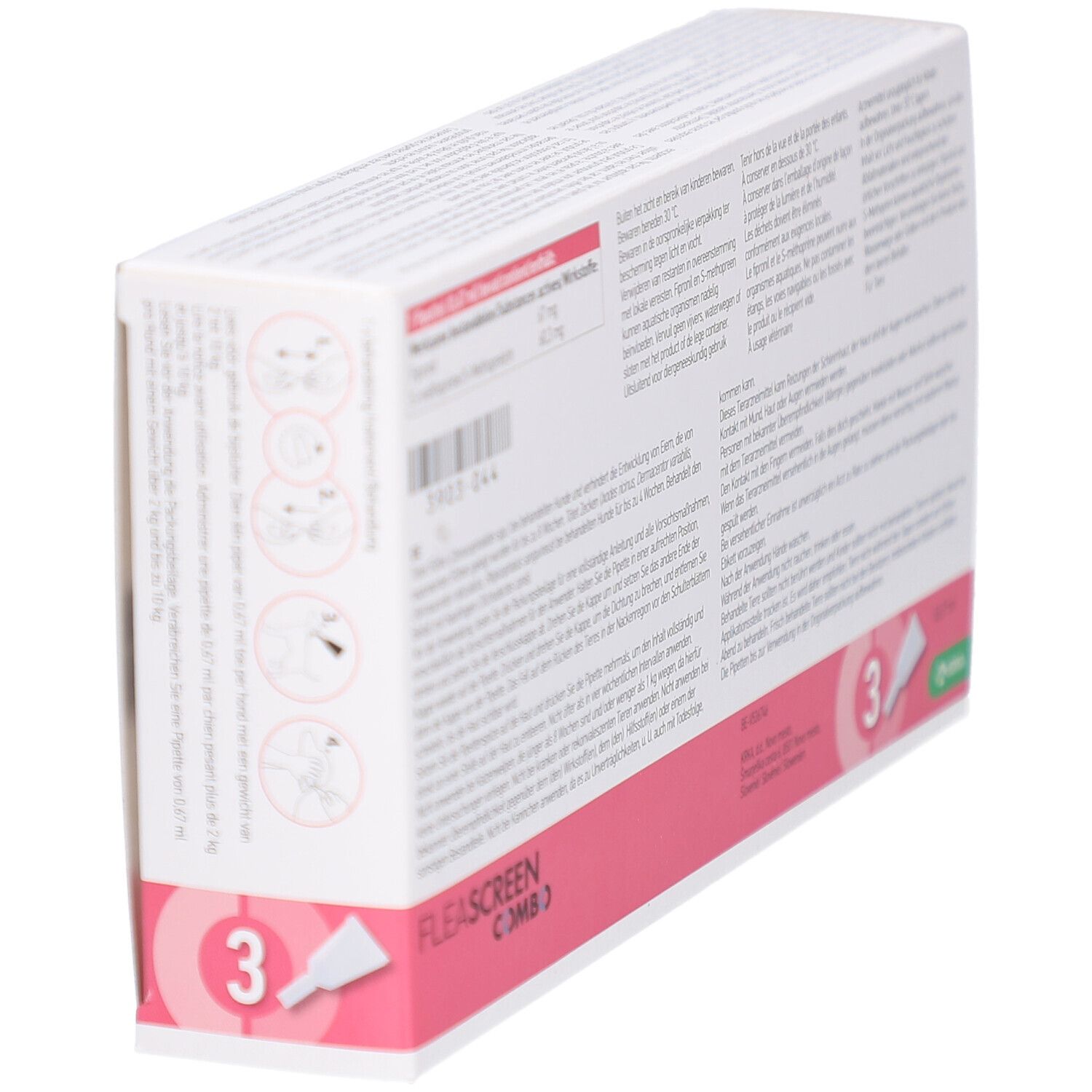 Verpakking met tekst en illustraties. Bevat 3 doses en een pipet.