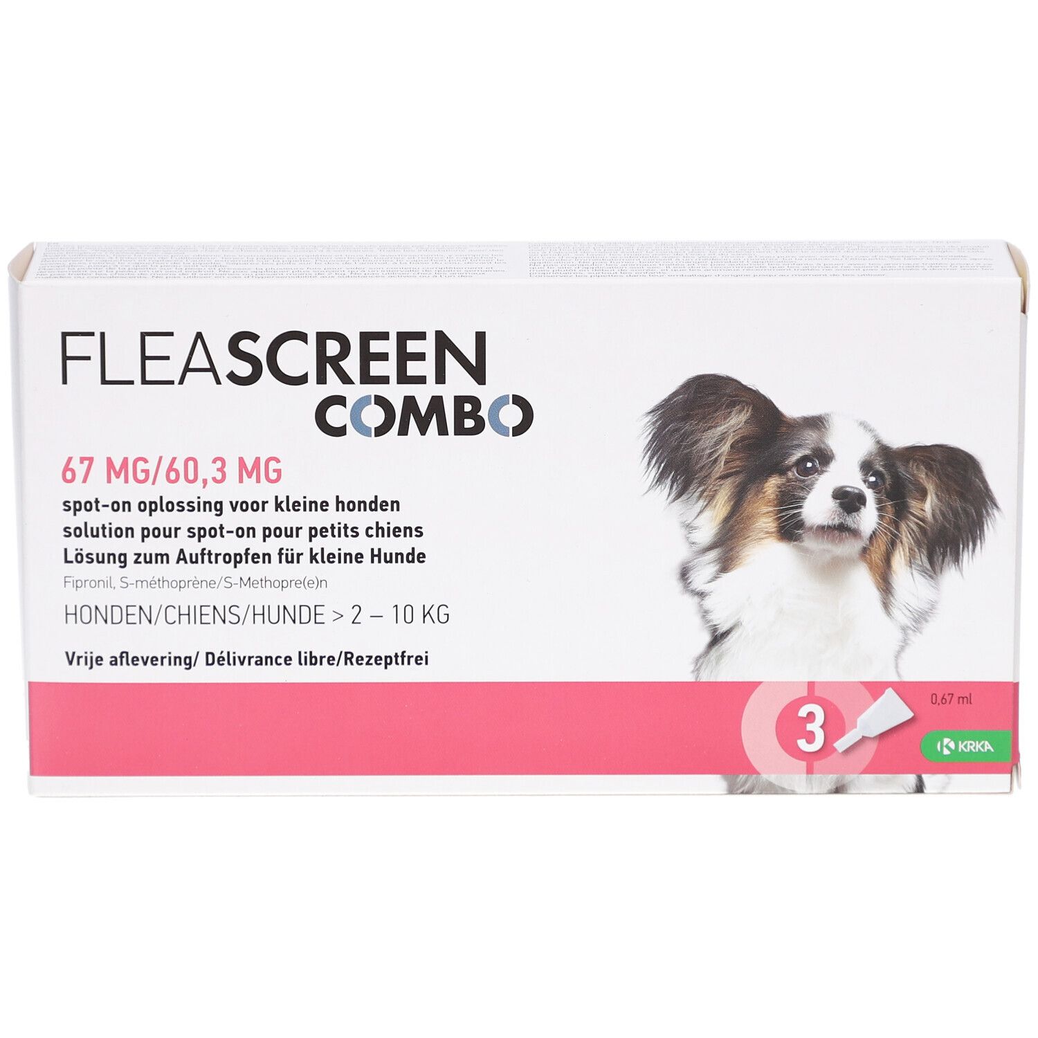 Verpakking met productnaam en hond. Bevat 3 doses. Roze en witte verpakking.