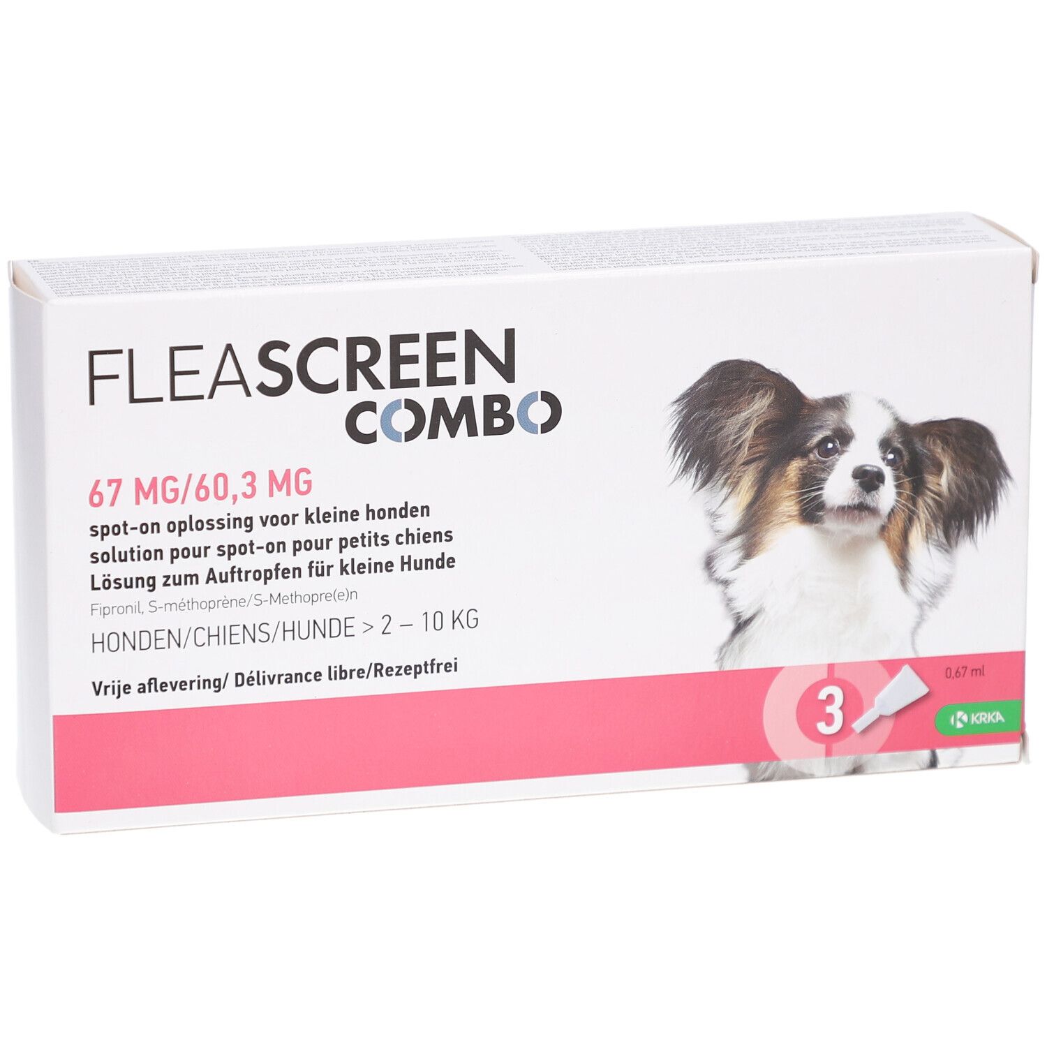 Verpakking met productnaam en hond. Bevat 3 doses. Roze en witte verpakking.