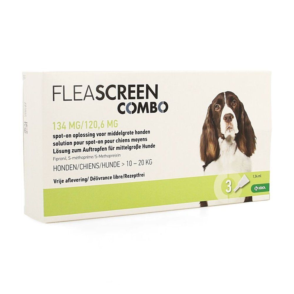 Verpakking van Fleascreen Combo. Opschrift: 134 mg/120,6 mg, voor honden 10-20 kg. Bevat 3 pipetten. Afbeelding van een hond.