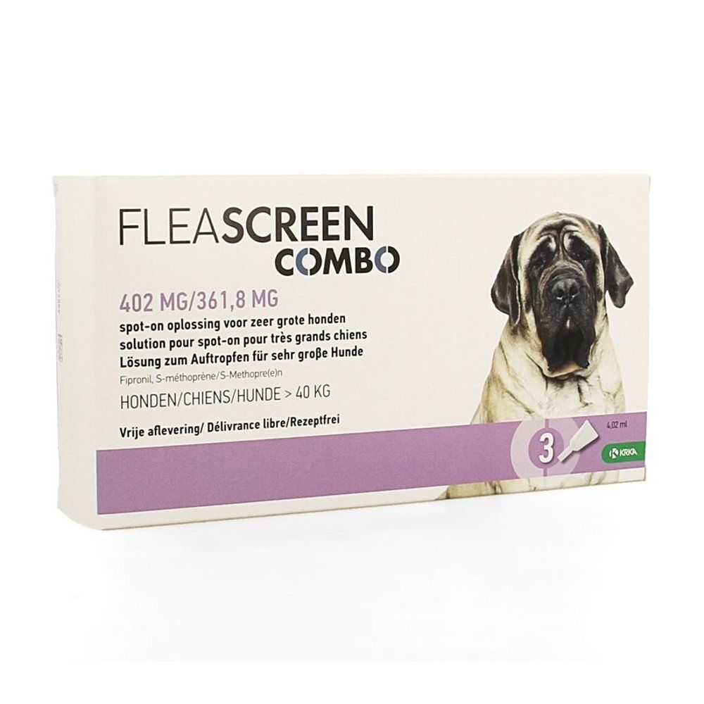 Verpakking van FLEASCREEN COMBO. Bevat 3 spot-on oplossingen voor honden. Afbeelding van een hond. Tekst 402 MG/361,8 MG.