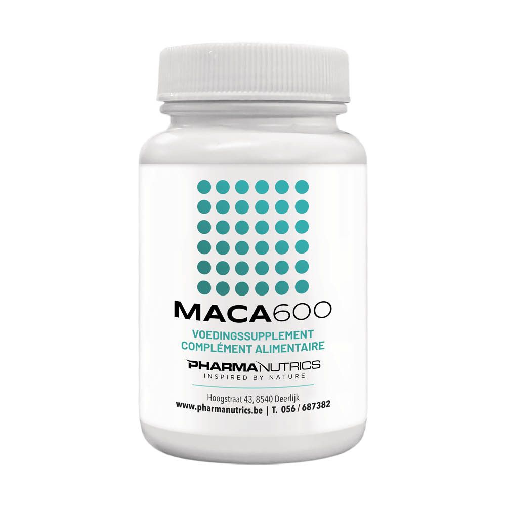 Witte fles met capsules. Opschrift MACA600, aangevuld met VOEDINGSSUPPLEMENT COMPLEMENT ALIMENTAIRE. Merk PharmaNutrics.