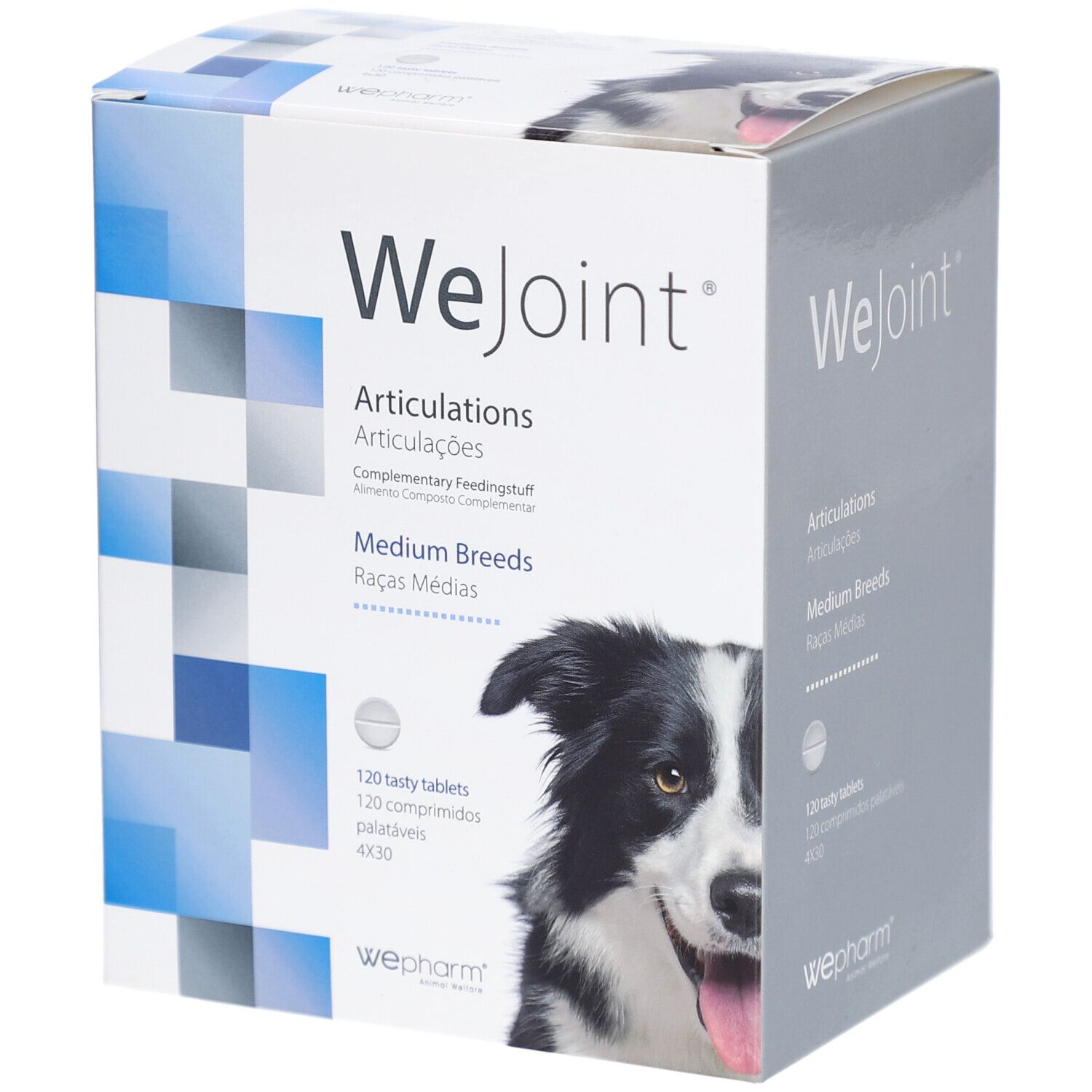 WeJoint-verpakking voor honden van middelgrote rassen. Bevat 120 tabletten. WePharm-logo onderaan. Afbeelding van een hond.