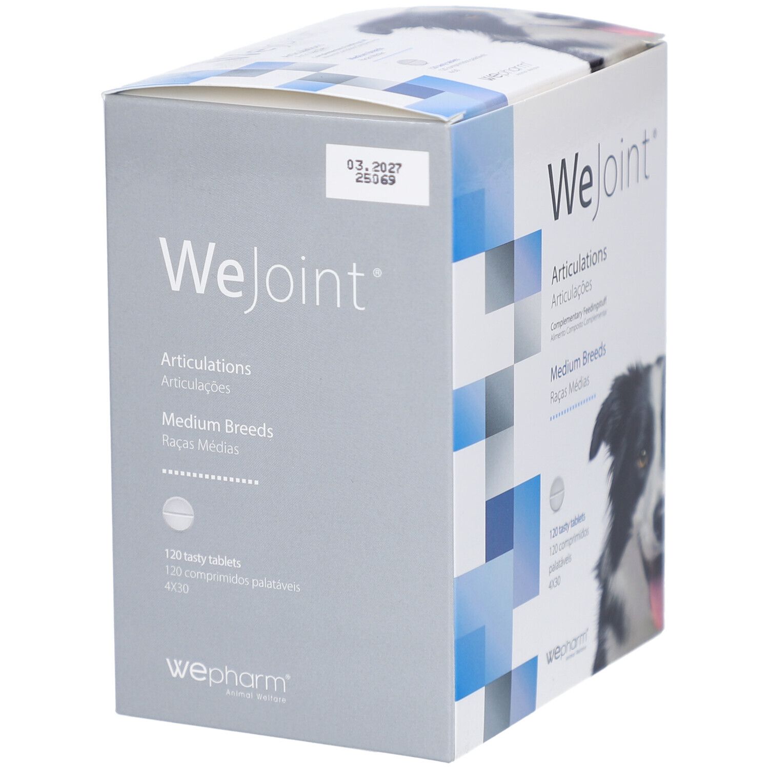 WeJoint-verpakking voor honden van middelgrote rassen. Bevat 120 tabletten. WePharm-logo. Vervaldatum 03.2027.