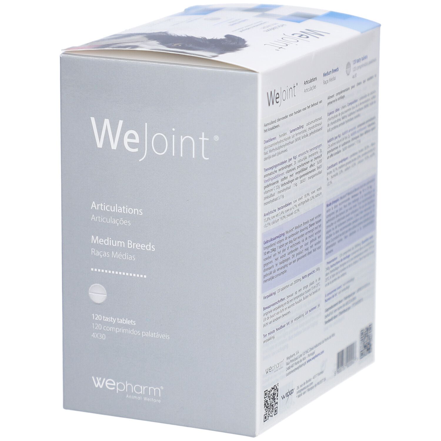 WeJoint-verpakking voor honden van middelgrote rassen. Bevat 120 tabletten. WePharm-logo. Tekst op de verpakking.