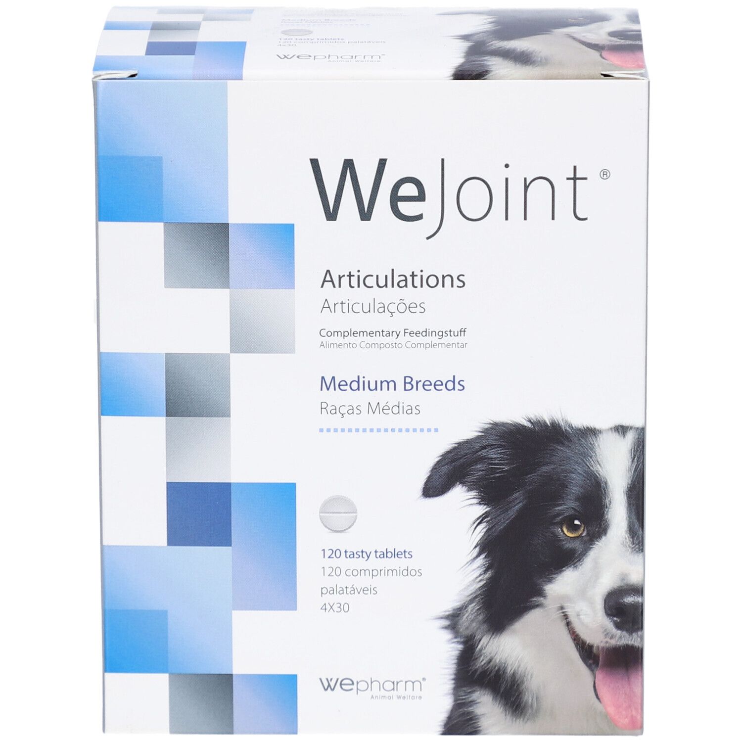WeJoint-verpakking voor honden van middelgrote rassen. Bevat 120 tabletten. WePharm-logo onderaan. Afbeelding van een hond.