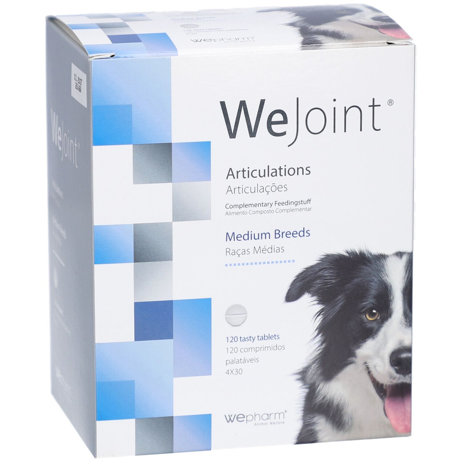 WeJoint-verpakking voor honden van middelgrote rassen. Bevat 120 tabletten. WePharm-logo onderaan. Afbeelding van een hond.