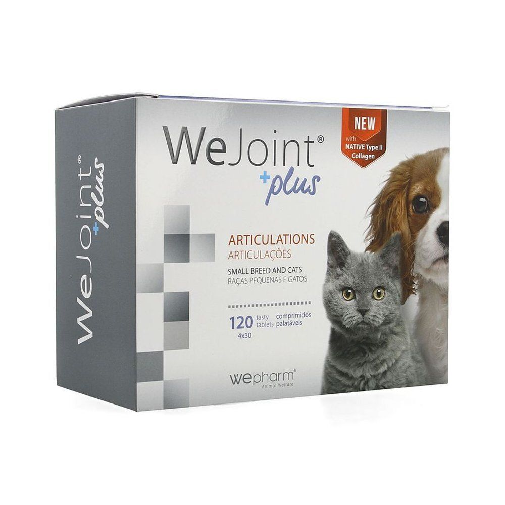 Doos WeJoint plus. Bevat 120 tabletten voor kleine honden en katten. Afbeelding van hond en kat.