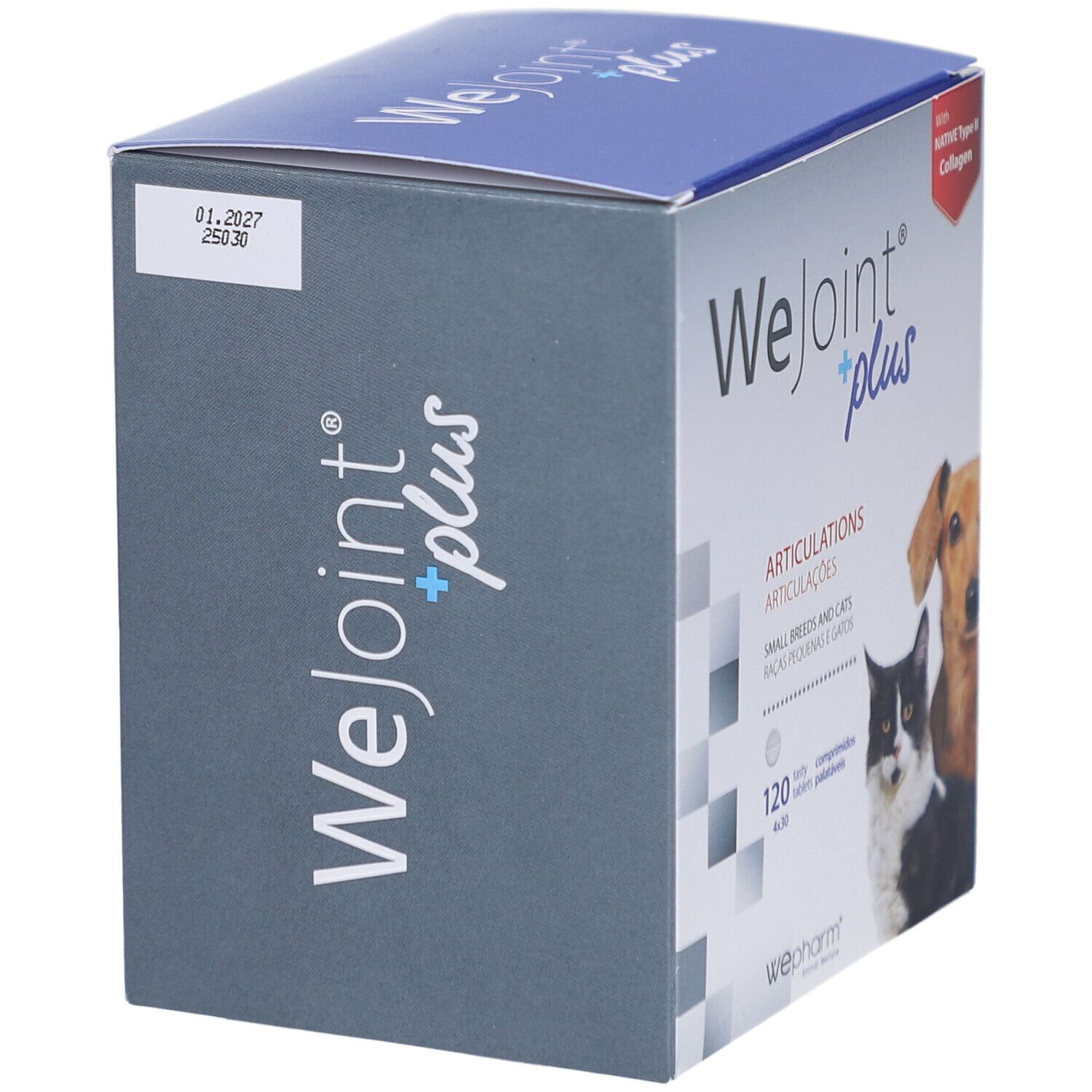 Boîte WeJoint plus. Contient 120 comprimés. Date de péremption imprimée. Produit pour chiens et chats.