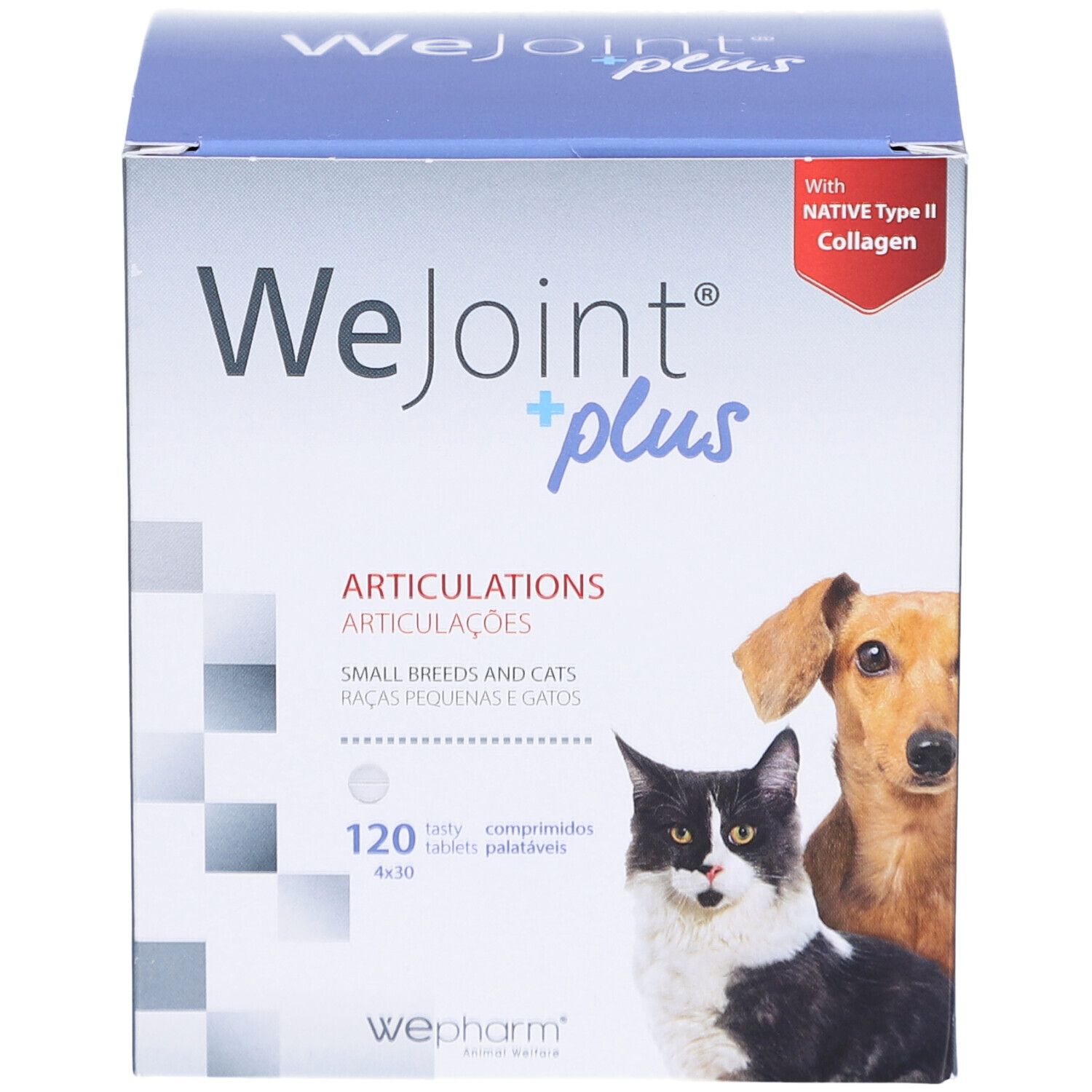 Boîte WeJoint plus. Contient 120 comprimés pour petits chiens et chats. Image d'un chien et d'un chat.