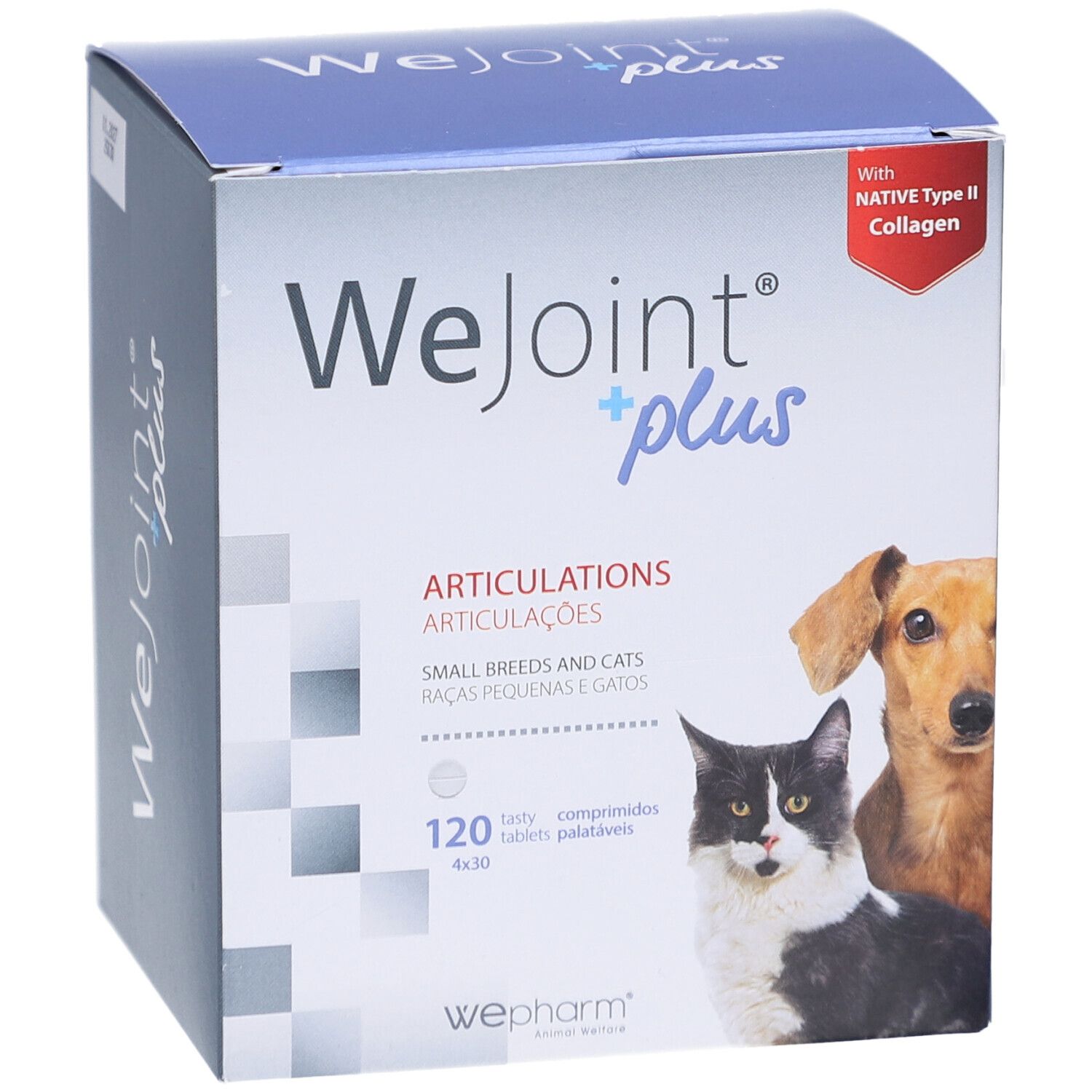 Boîte WeJoint plus. Contient 120 comprimés pour petits chiens et chats. Image d'un chien et d'un chat.