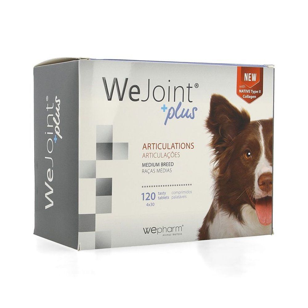 Boîte WeJoint plus. Inscription : articulations, races de chiens moyennes, 120 comprimés. Image d'un chien.