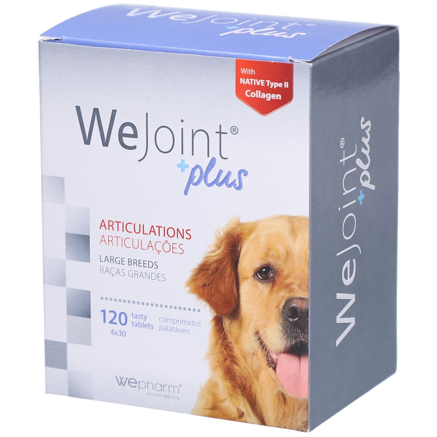 Doos WeJoint plus. Opschrift: gewrichten, grote rassen, 120 tabletten. Afbeelding van een hond.
