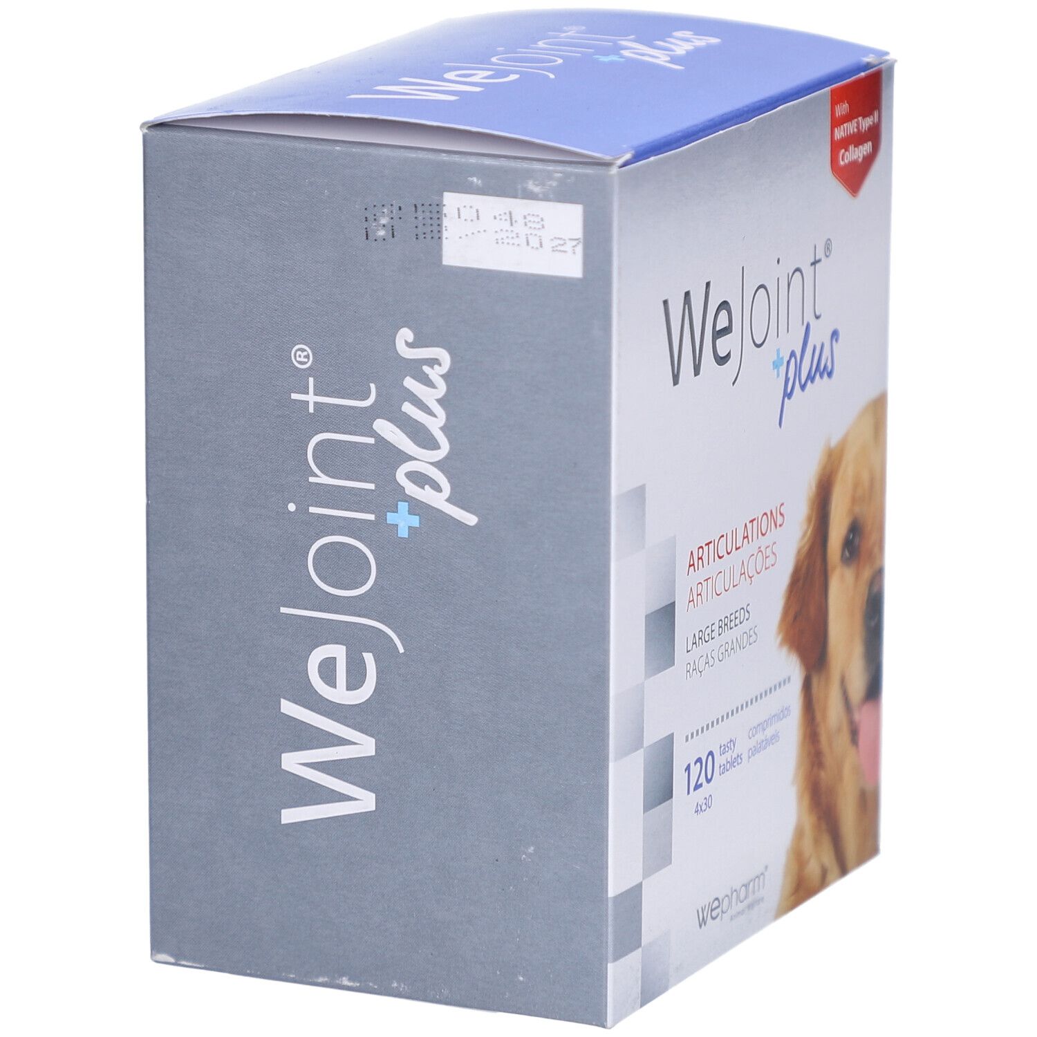 Grijze zijkant van de WeJoint plus-doos. Tekst: gewrichten, grote rassen, 120 tabletten. Hondenafbeelding.