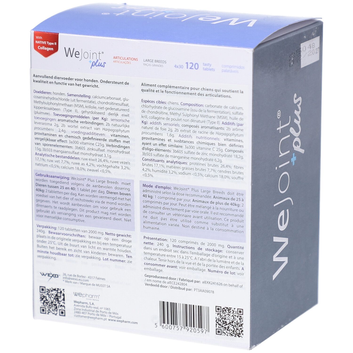 Achterkant van de WeJoint plus-doos. Meertalige tekst. 120 tabletten. Ingrediënten en gebruiksaanwijzing.