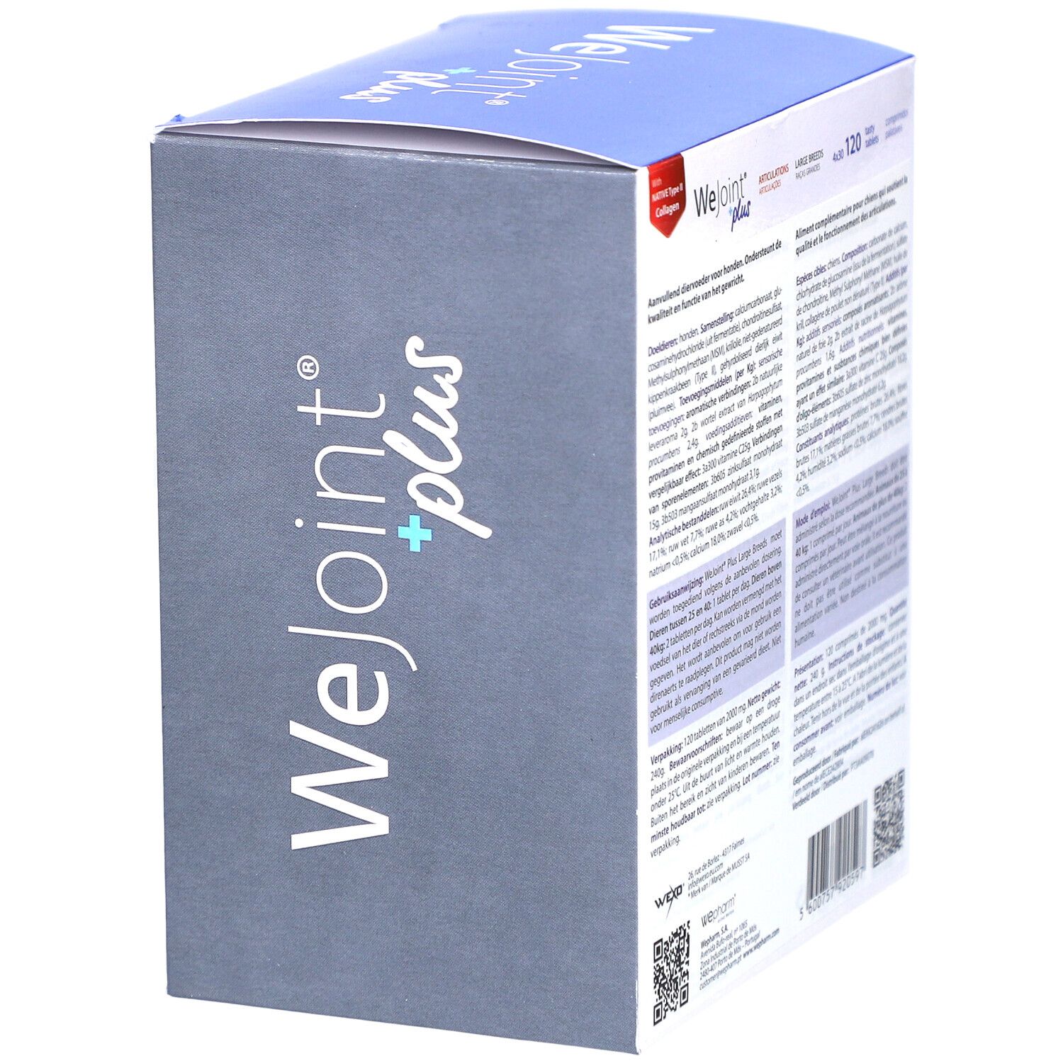 Grijze zijkant van de WeJoint plus-doos. Meertalige tekst. 120 tabletten. Ingrediënten en gebruiksaanwijzing.