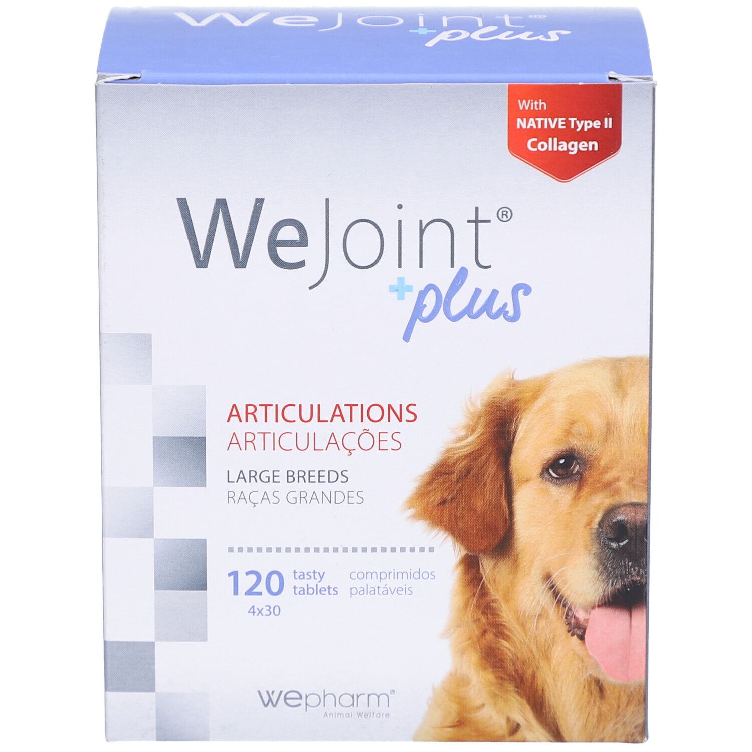 Doos WeJoint plus. Opschrift: gewrichten, grote rassen, 120 tabletten. Afbeelding van een hond.