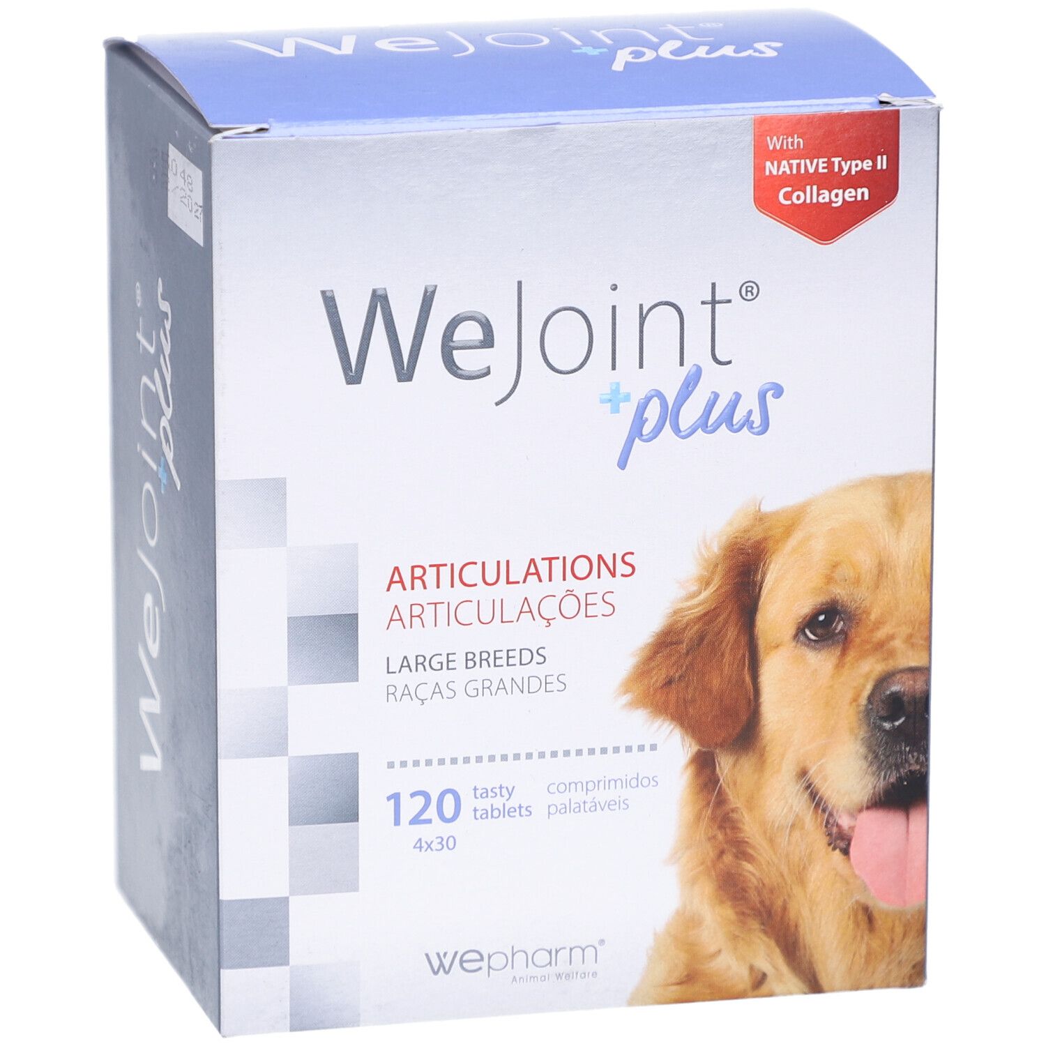 Doos WeJoint plus. Opschrift: gewrichten, grote rassen, 120 tabletten. Afbeelding van een hond.