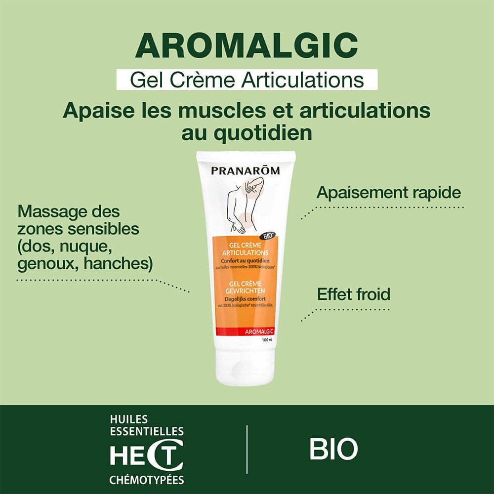 Reclamebeeld met tube. Tekst: AROMALGIC Gel Crème Articulations. Apaise les muscles et articulations.
