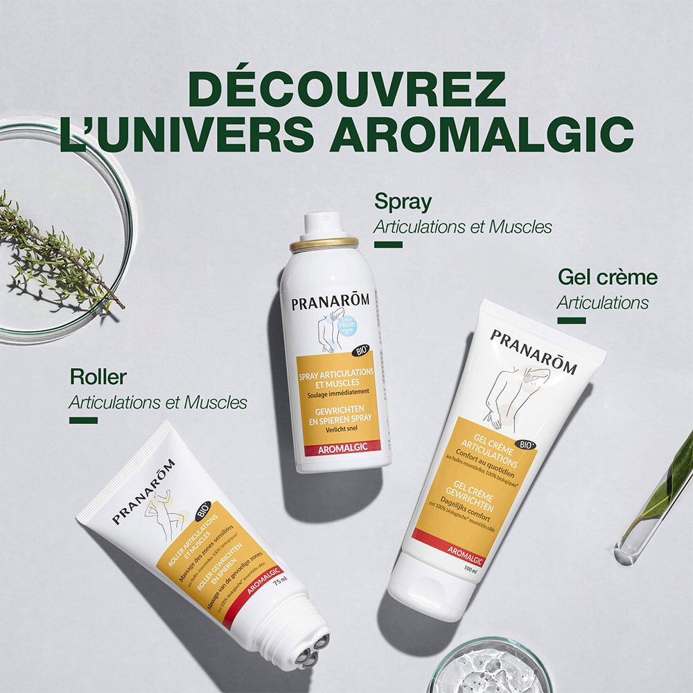 Reclamebeeld met producten. Roller, spray en crèmegel. Tekst: Découvrez l'univers Aromalgic.