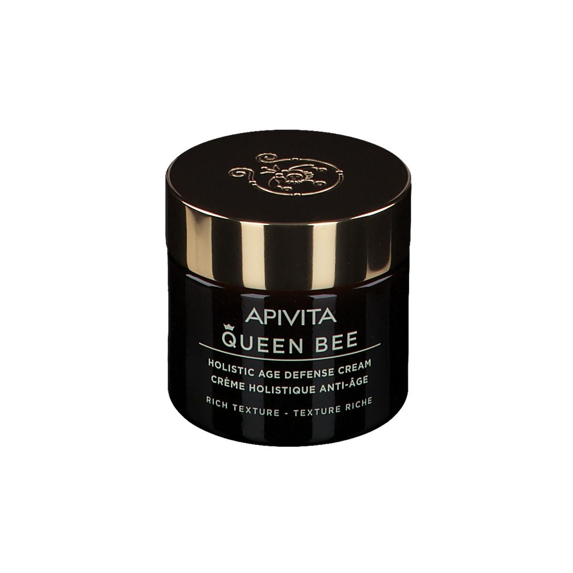 Donkerbruine crèmepot met gouden deksel. Opschrift: Apivita Queen Bee, Holistic Age Defense Cream.