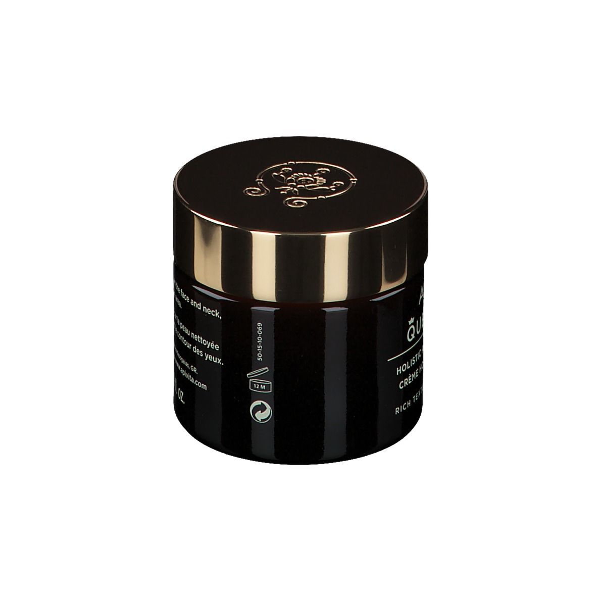 Donkerbruine crèmepot met gouden deksel. Opschrift: Apivita Queen Bee, Holistic Age Defense Cream.