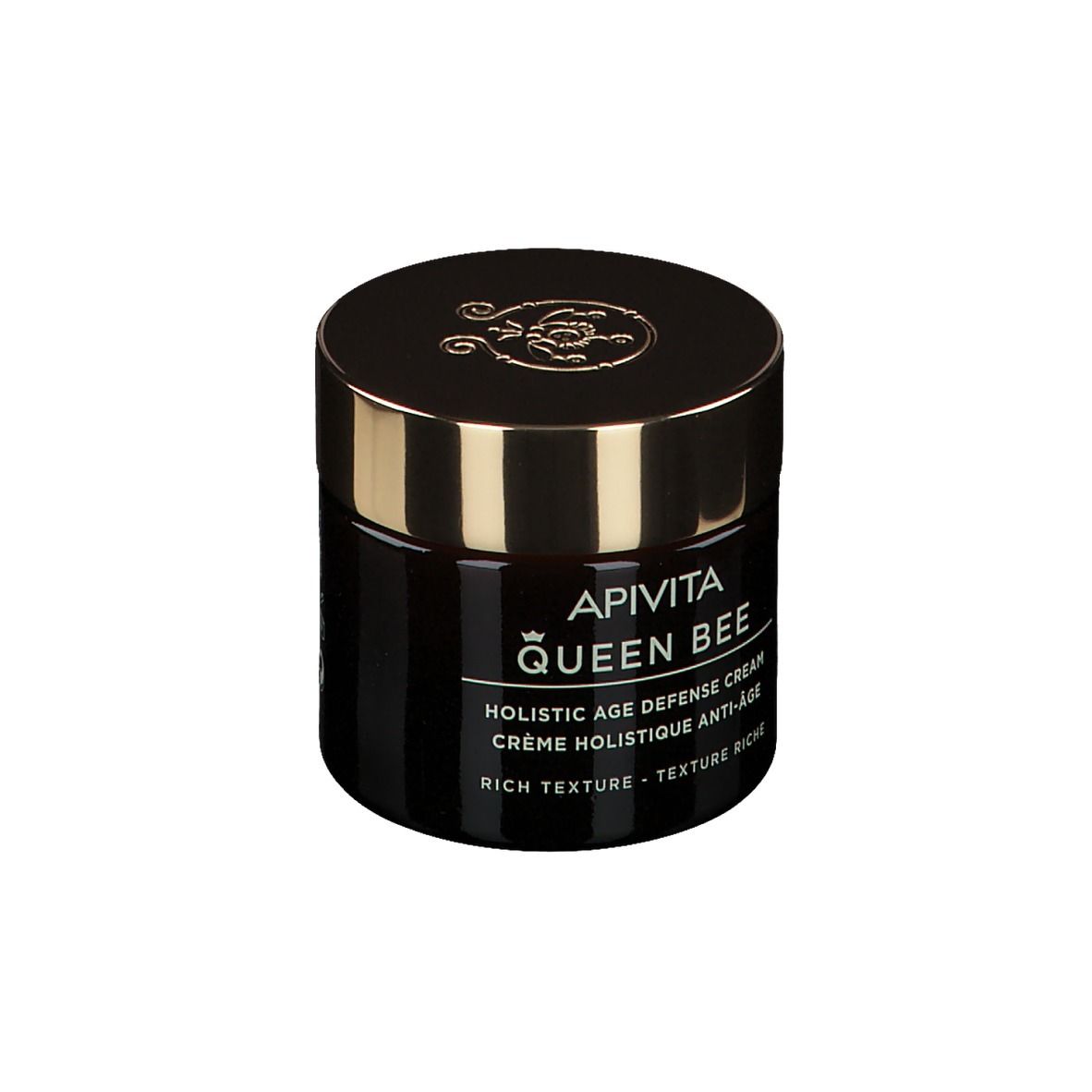 Donkerbruine crèmepot met gouden deksel. Opschrift: Apivita Queen Bee, Holistic Age Defense Cream.