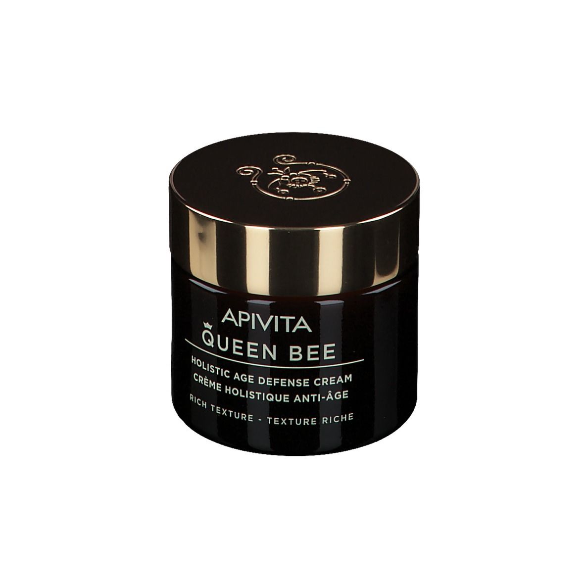 Donkerbruine crèmepot met gouden deksel. Opschrift: Apivita Queen Bee, Holistic Age Defense Cream.