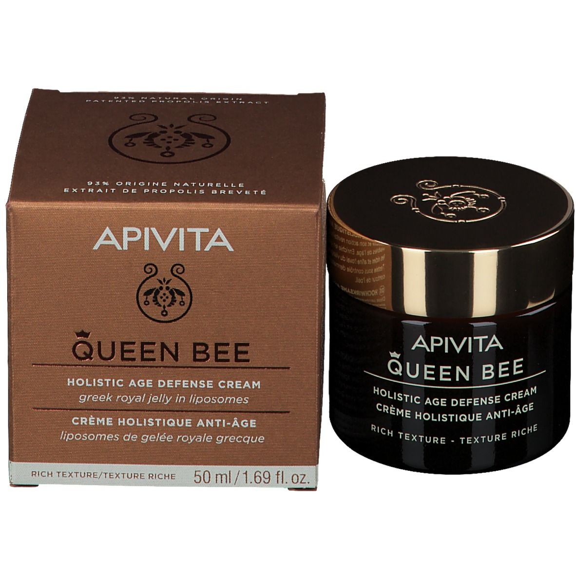 Crèmepot en doos. Opschrift: Apivita Queen Bee, Holistic Age Defense Cream, 50 ml.