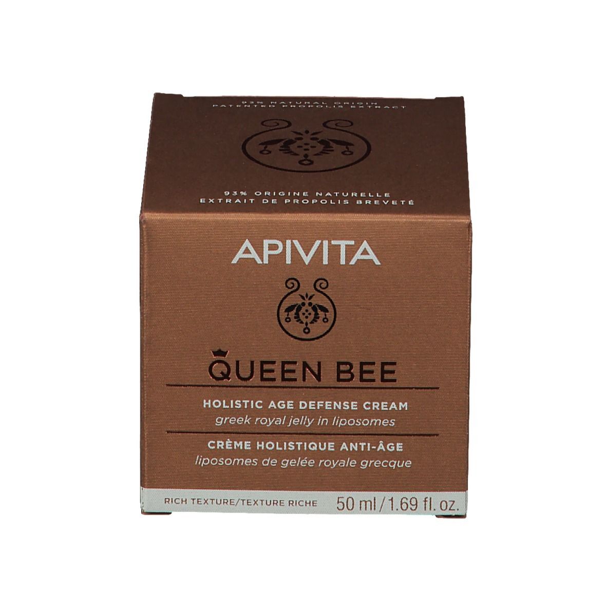 Doos met opschrift: Apivita Queen Bee, Holistic Age Defense Cream, 50 ml.