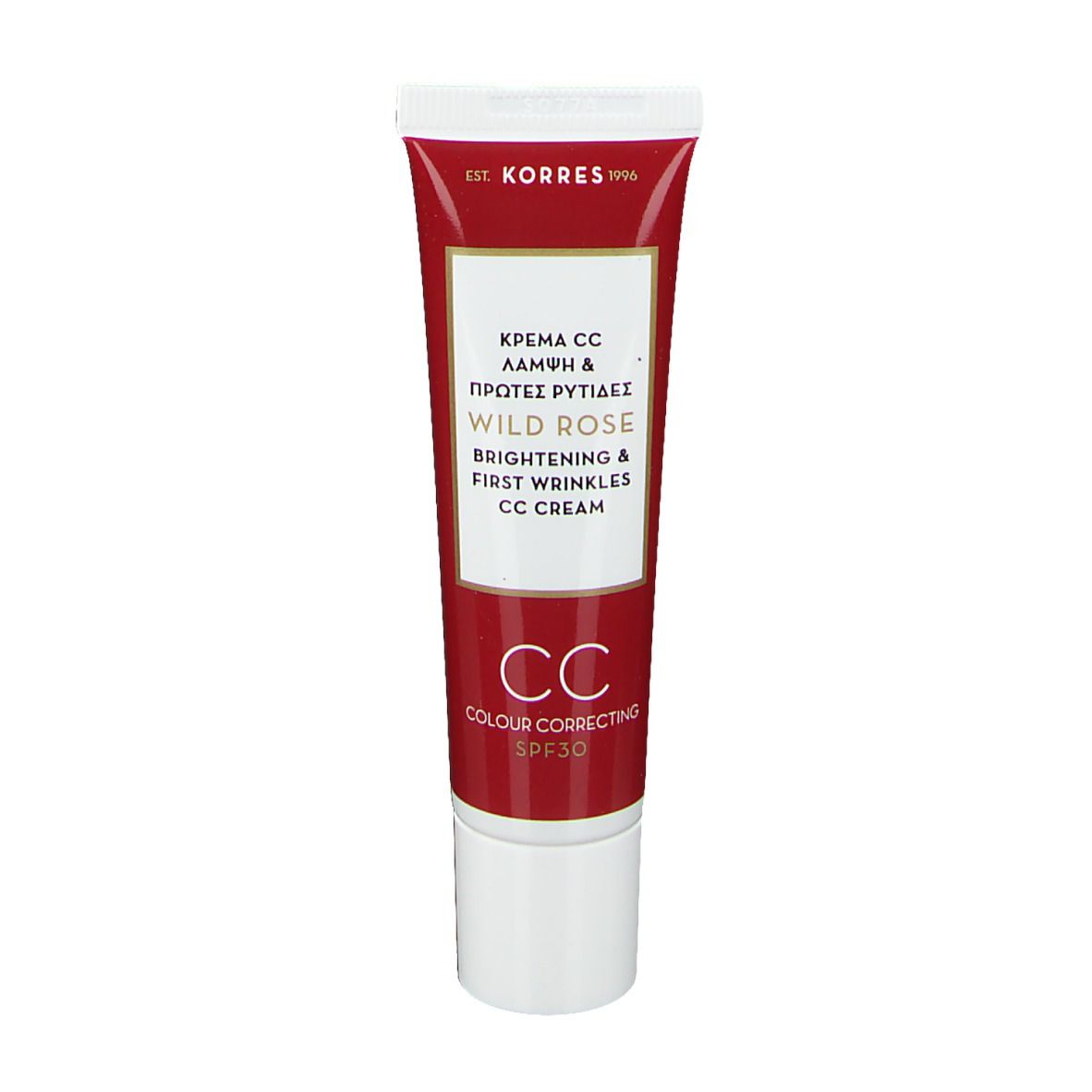 Tube met CC Cream. Tekst: KORRES, Wild Rose, Brightening & First Wrinkles, CC Cream, SPF30.