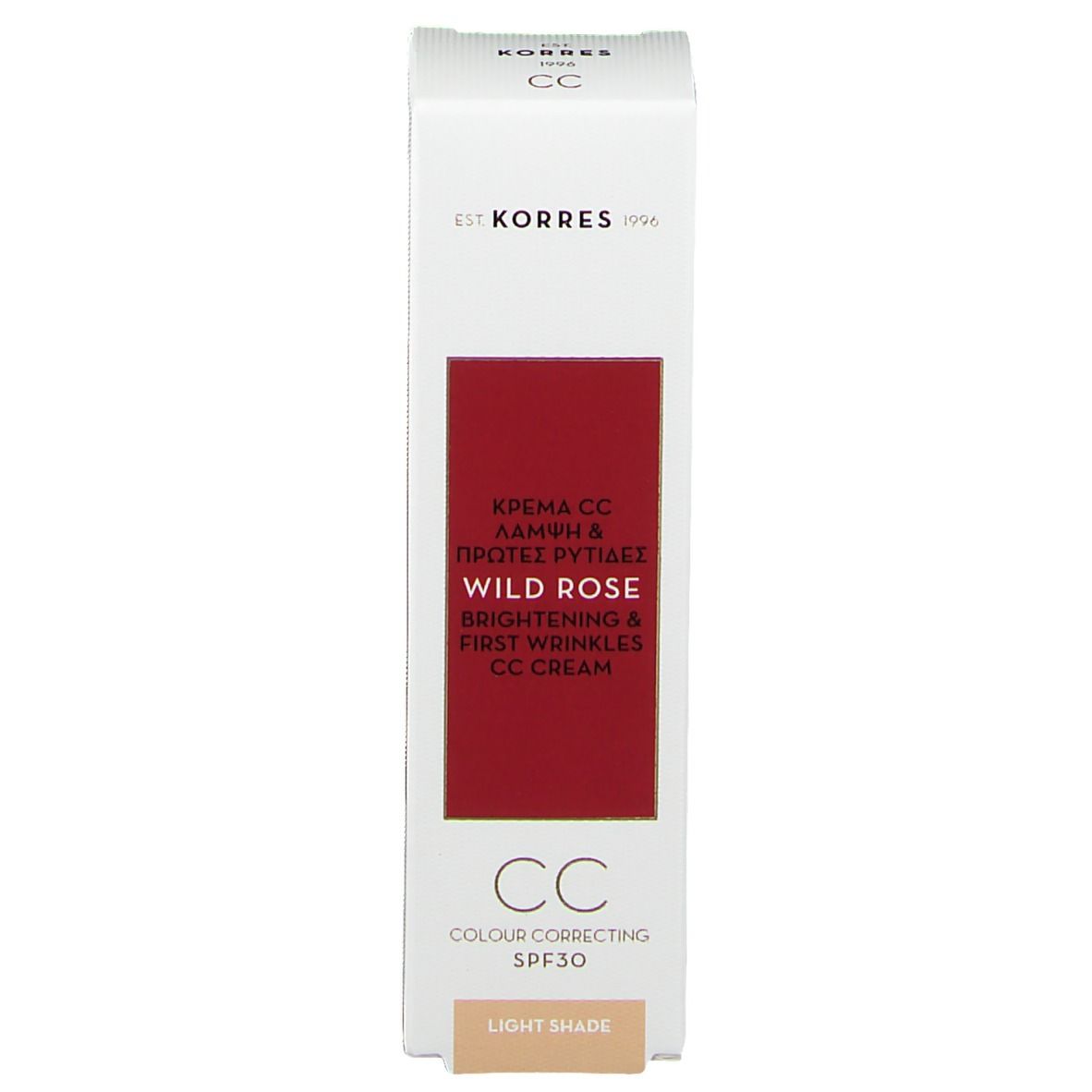 Productverpakking. Tekst: KORRES, Wild Rose, Brightening & First Wrinkles, CC Cream, SPF30, Light Shade.