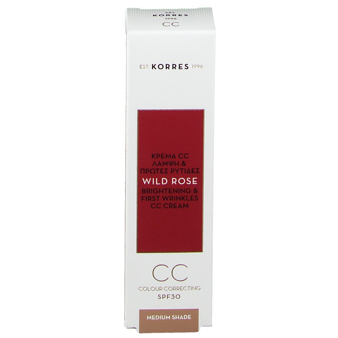 Boîte de crème KORRES CC. Blanc avec champ rouge. Texte : Wild Rose, Brightening & First Wrinkles, CC Cream, SPF30. Medium Shade.