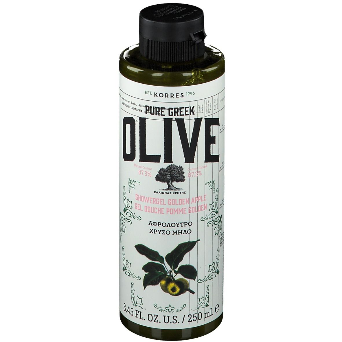 Groene fles met zwarte dop. Opschrift: KORRES Pure Greek Olive Duschgel Golden Apple. Afbeelding van olijven.