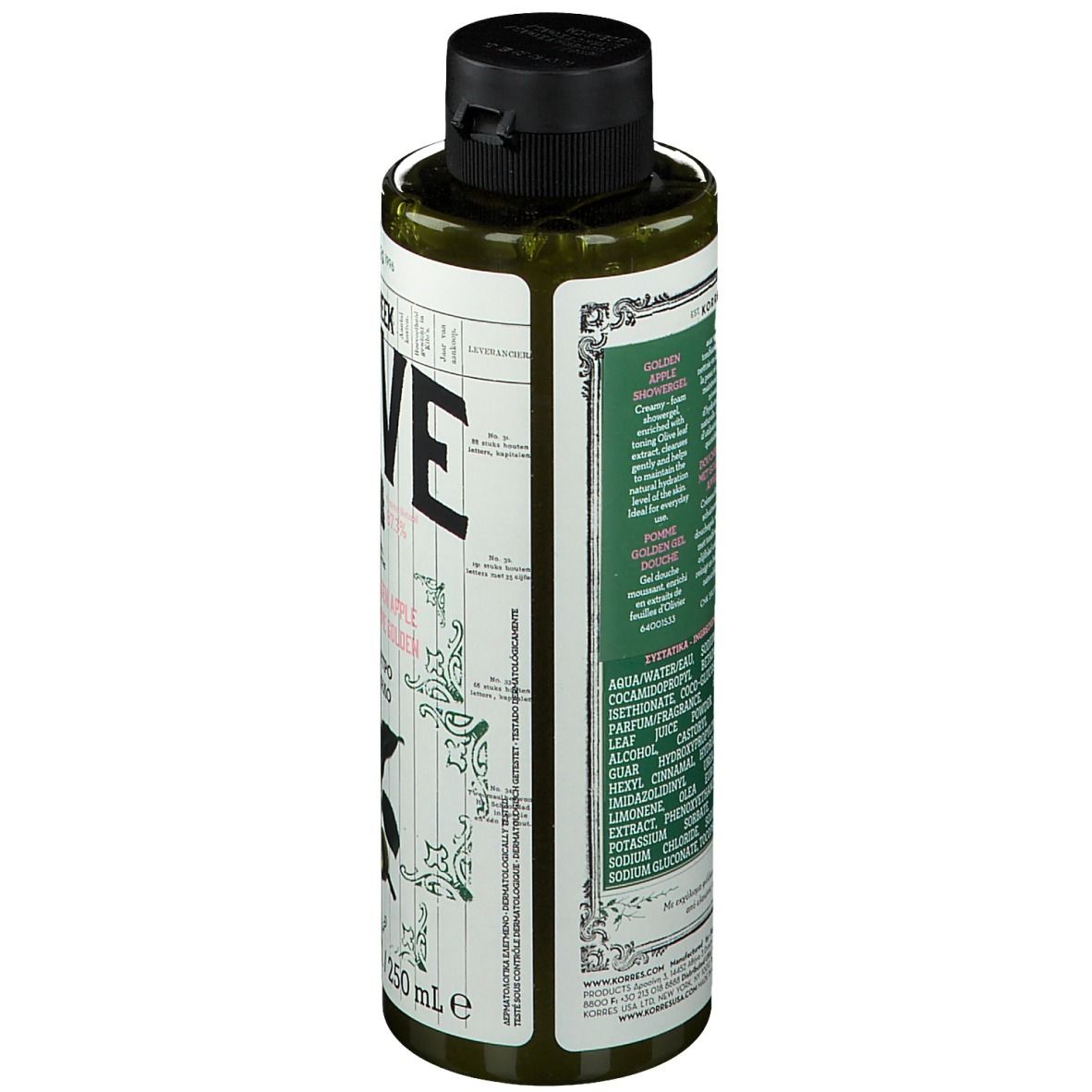 Achterkant van een groene fles met zwarte dop. Tekst: ingrediënten, productinformatie. KORRES Pure Greek Olive.