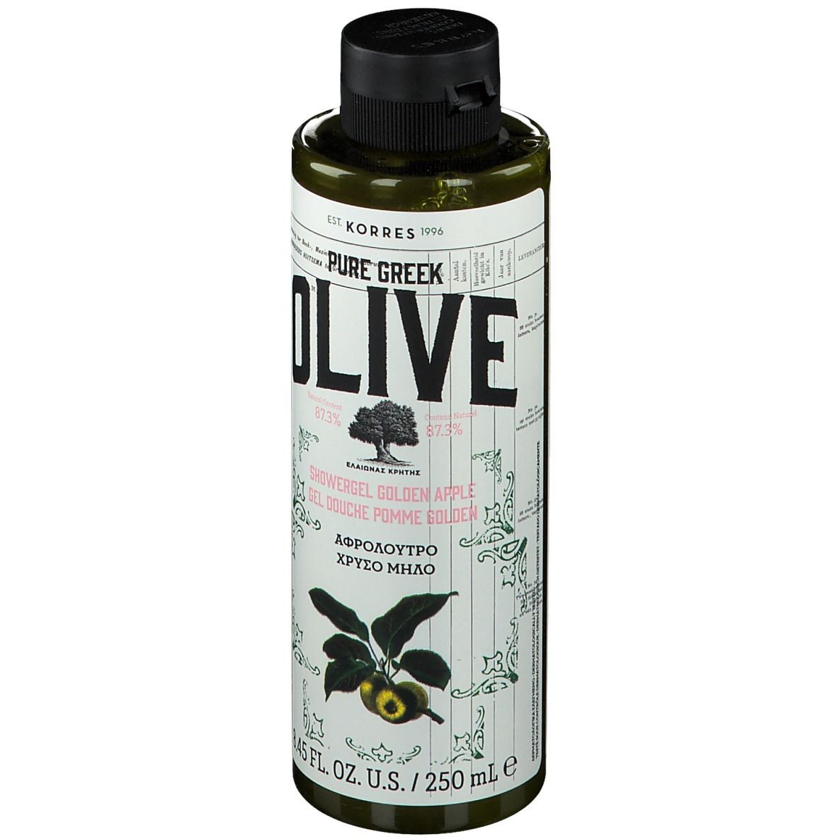 Groene fles met zwarte dop. Opschrift: KORRES Pure Greek Olive Duschgel Golden Apple. Afbeelding van olijven.