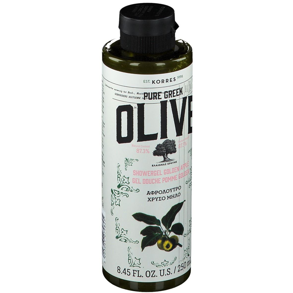 Groene fles met zwarte dop. Opschrift: KORRES Pure Greek Olive Duschgel Golden Apple. Afbeelding van olijven.