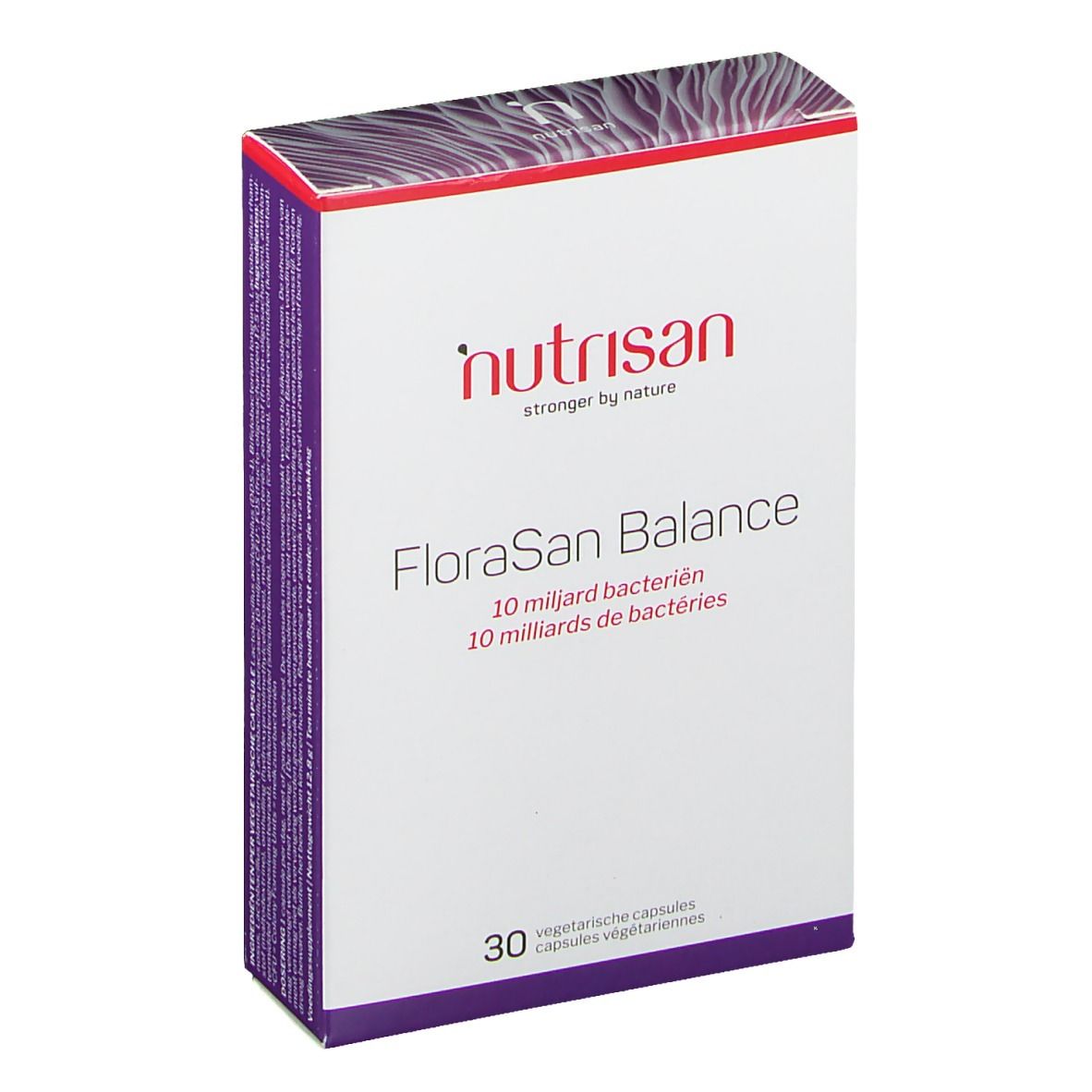 Boîte blanche avec logo "nutrisan" et texte "FloraSan Balance". Contient 30 capsules. 10 milliards de bactéries.