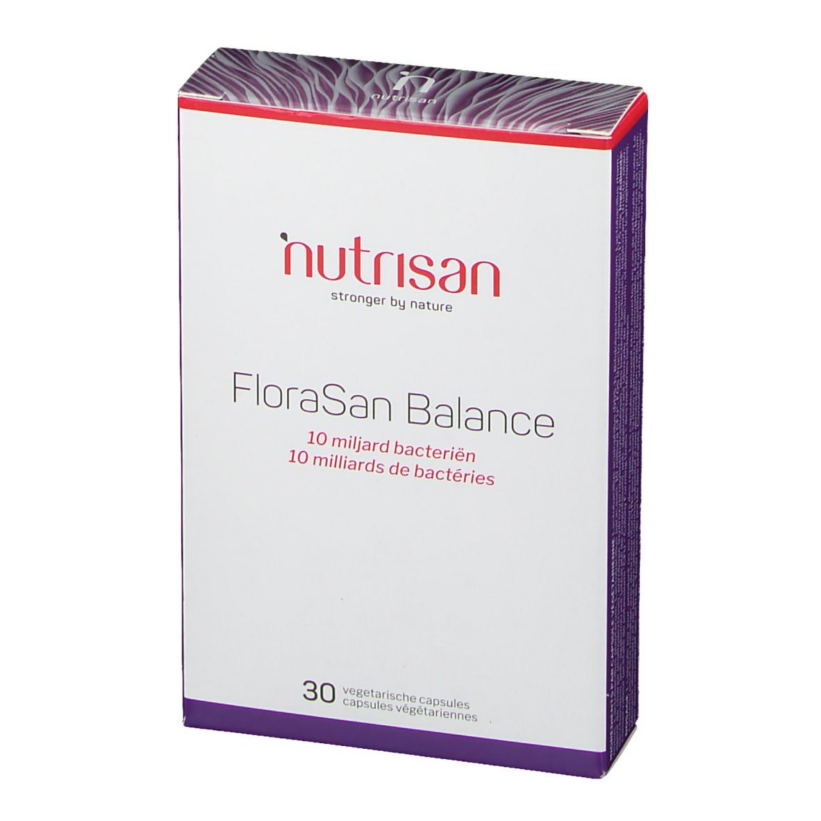 Boîte blanche avec logo "nutrisan" et texte "FloraSan Balance". 30 capsules. 10 milliards de bactéries.