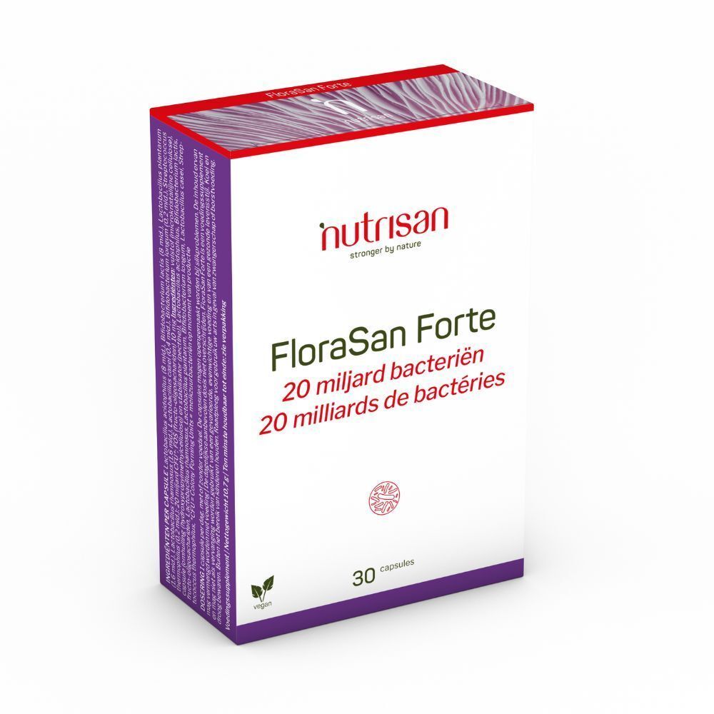 Witte doos met opschrift: Nutrisan, FloraSan Forte, 20 miljard bacteriën. 30 capsules. Vegan logo.