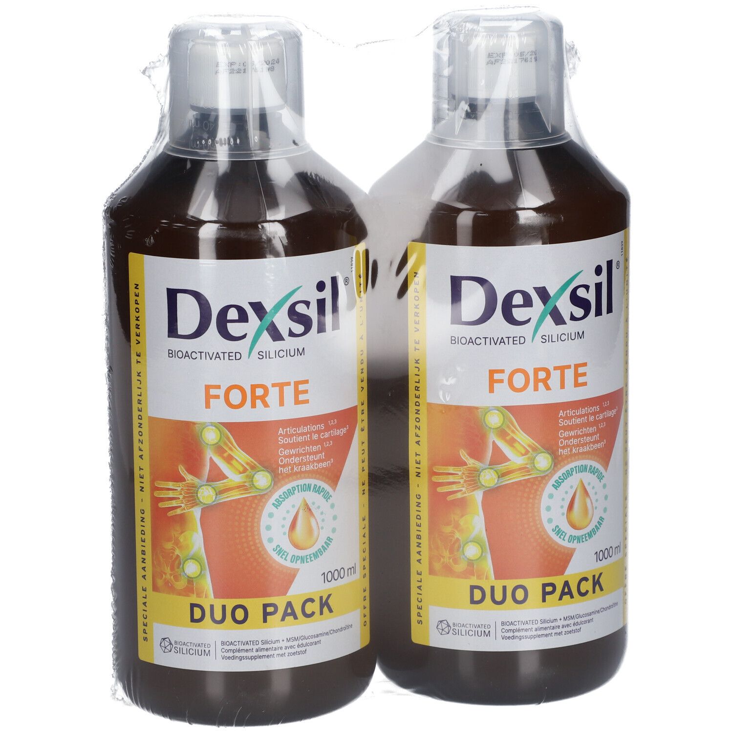 Twee flessen Dexsil Forte Duo Pack. Bruine vloeistof in flessen met witte dop. Verpakt in plastic.